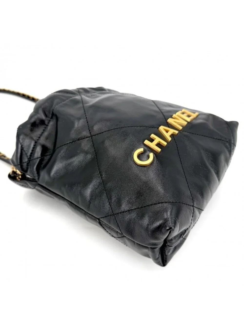 Chanel 2-Way 22 Chain Mini Shoulder Bag Crossbody Leather Black Gold